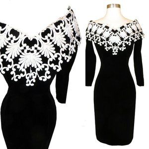 Vintage 80s 90s Black Velvet White LACE Cocktail Party Long Sleeve Prom Dress S